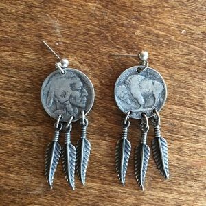 Buffalo nickel earrings with feather dangles